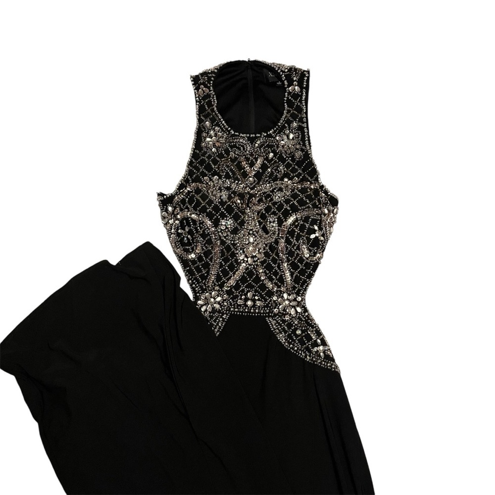 XSCAPE Long Black Beaded Sequin Open Back Sexy Formal Gown with Front Slit Sz 2 - Picture 10 of 14